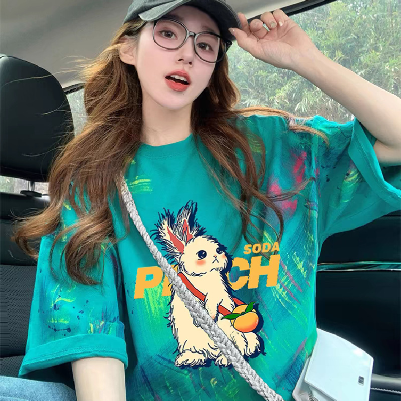涂鸦兔子字母T恤宽松纯棉短袖女夏季ins风卡通印花扎染上衣情侣款