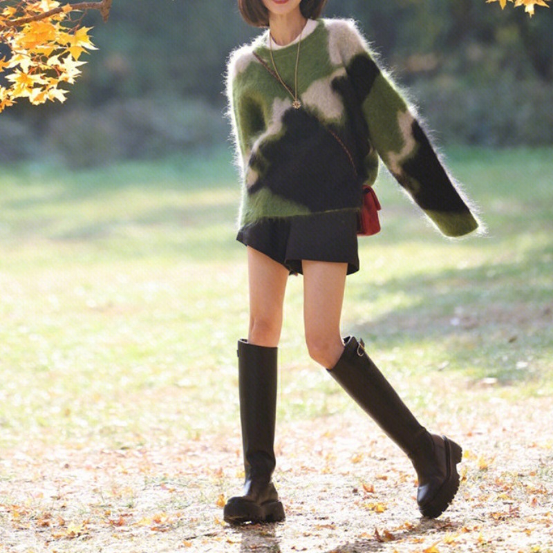 秋冬季撞色设计感仿水貂宽松保暖日系洋气女式圆领针织套头毛衣女