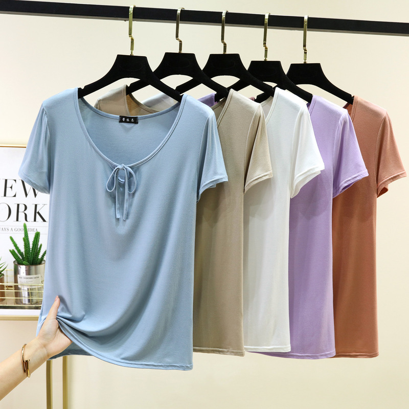 New Style U-Neck Tie Short-Sleeve T-Shirt for Women, Summer Design, Slim-Fit Base Shirt, Casual Sweet Waist-Cinching Top