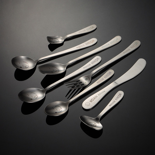 Aion 304 stainless steel creative smiling face inclined handle laser spoon chopsticks fork student tableware full set of gifts for children