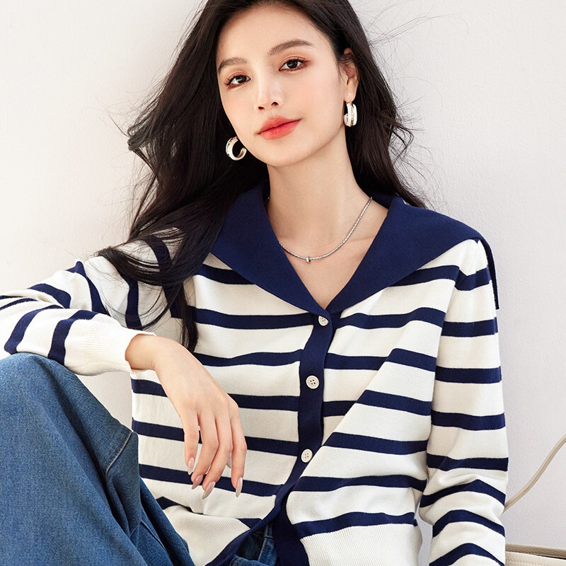 R3142 Spring New Style Navy Collar Long-Sleeved Knitted Women's Design Navy Stripesd Sweater Top Single-Breasted Cardigan