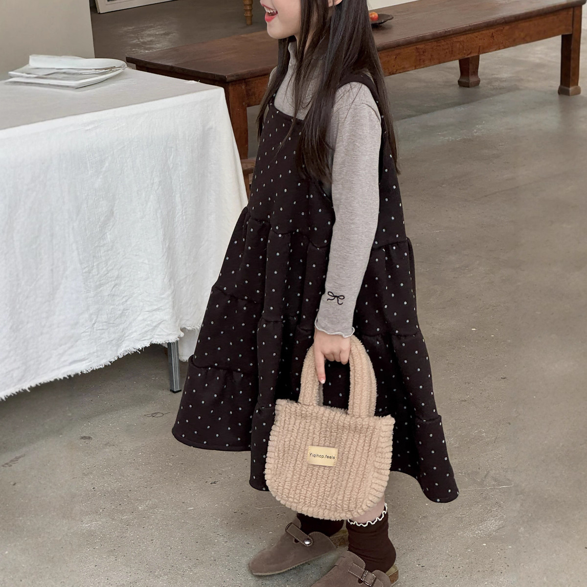 瑜瑜公主 女童秋冬连衣裙 女宝宝韩版大裙摆背带裙圆点毛呢蛋糕裙