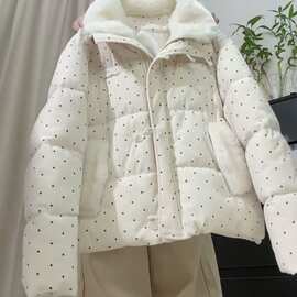 波点棉服毛领新款冬季甜美新款加厚宽松棉袄外套面包图片色