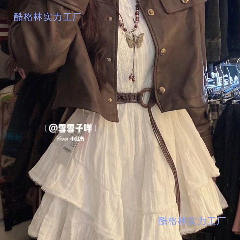 American Classic Retro Motorcycle Brown Versatile Leather Jacket + Gentle Style Slimming Look Waist Dress Suit