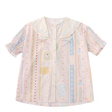 古着少女粉数码印花设计感海军领泡泡袖娃娃衫衬衫女