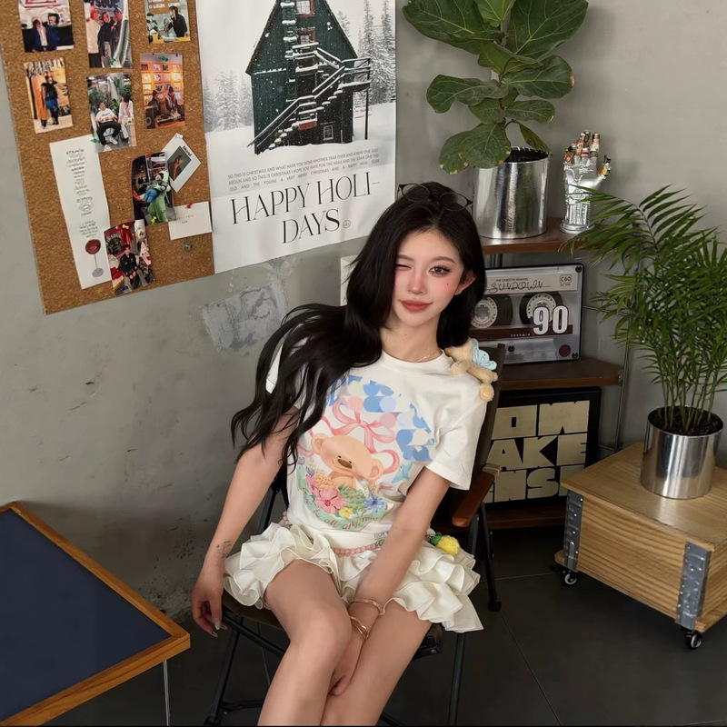 Nanyou Correct Version 2026 New Model 13 Flower Bear Little Flying Bear Short Sleeve T-Shirt Trendy Versatile Cute Pattern