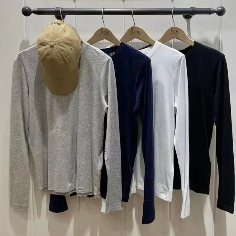 Rl Classic Cotton Polo Logo Embroidered Solid Color Plain Knit Crew Neck Long Sleeve Base Shirt for Women, Loose Fit