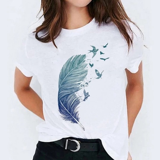 feather element printing round neck loose T-shirt NSATE61078