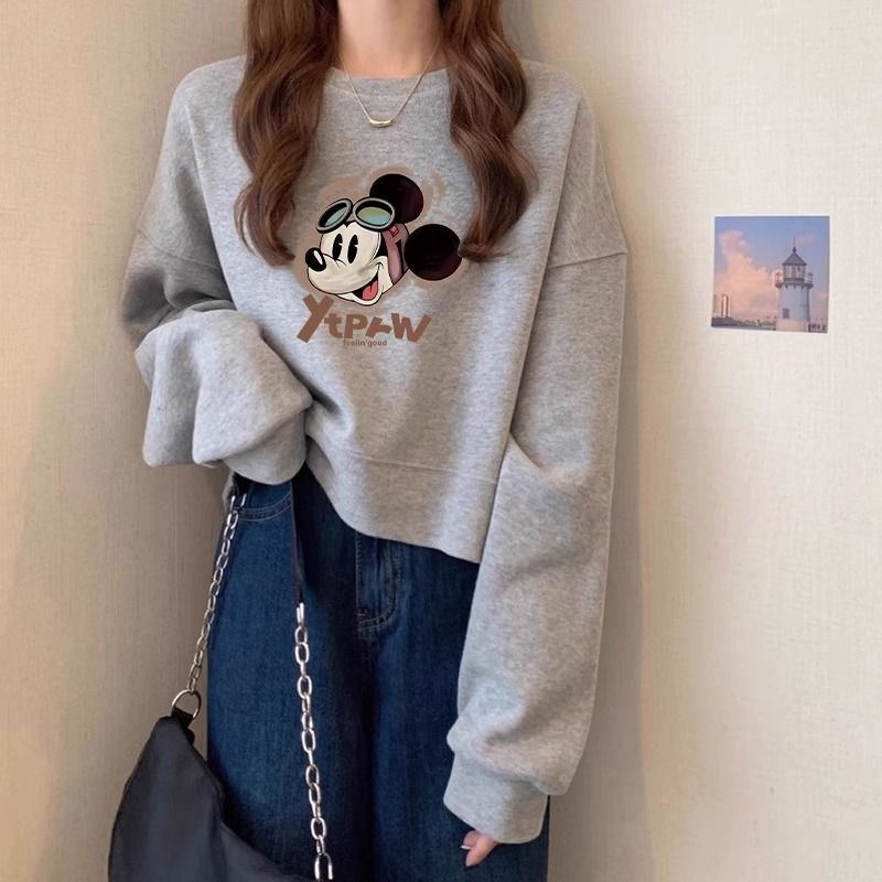 2026 New Popular Short Gray Sweatshirt for Women, Autumn and Winter, Petite Pullover, Loose, Niche, Long-Sleeved, Pure Cotton Top