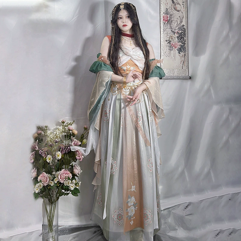 Принцесса Лоулан Экзотический ветер Дуньхуан Летающий Красный Зеленый Улучшенный Ханфу Женский Западный Стиль Китайский Элемент Набор