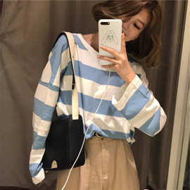 现货供应2019秋季打底衫女新款宽松韩版学生上衣条纹长袖t恤秋衣