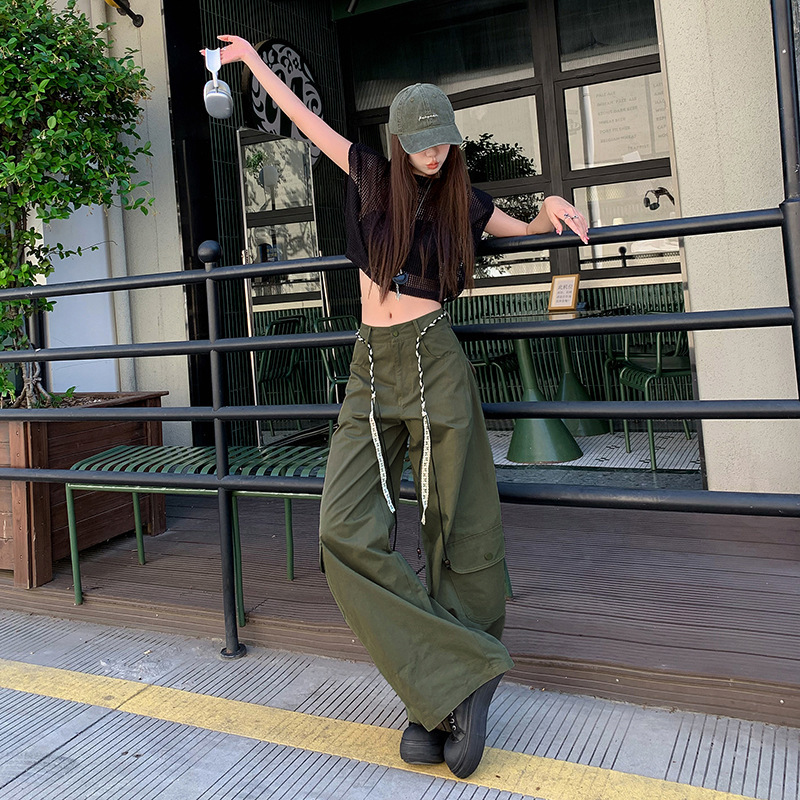 军绿色弯刀裤女2025年秋季新款高腰宽松显瘦美式工装阔腿休闲裤子|undefined