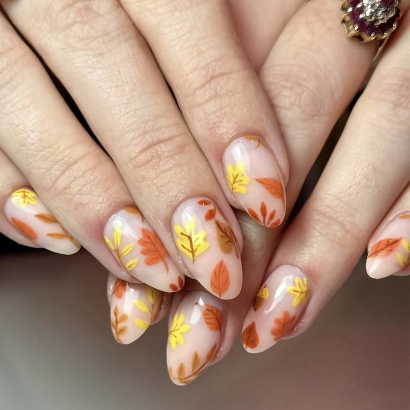 Autumn and Winter Wearable Nails Glossy Maple Leaf Manicure Simple Fallen Leaves European and American Sweet Cool Retro 24 Pieces Thanksgiving Fake Nail Stickers