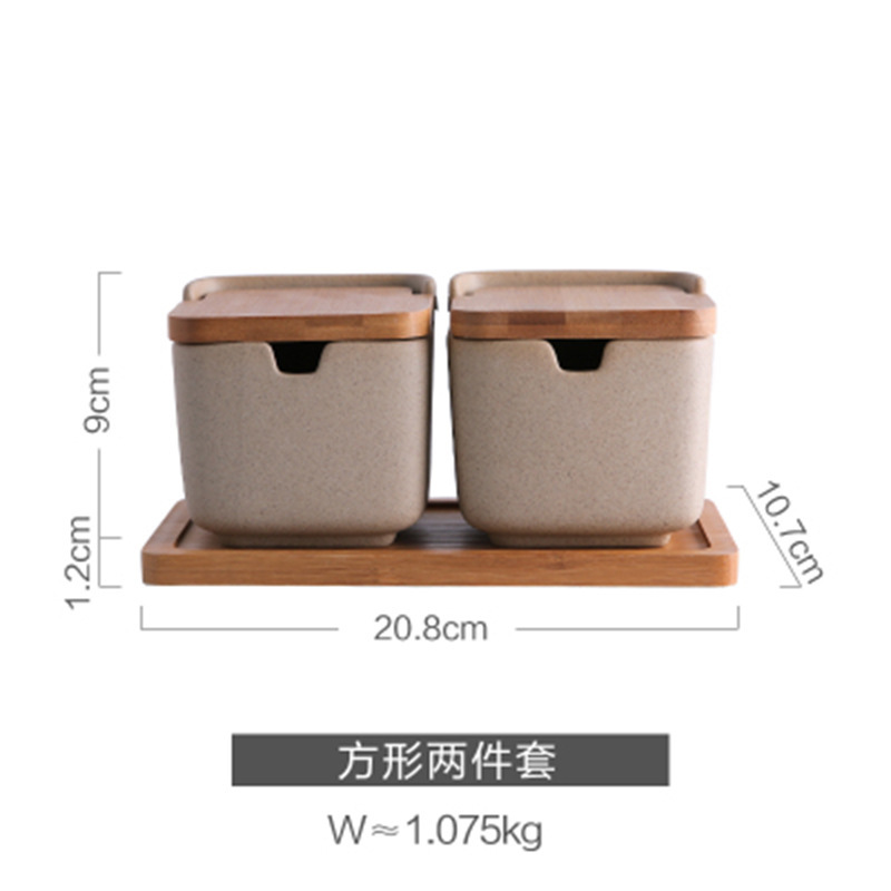 厂家日式创意简约竹盖养身陶调味罐厨房调味调料盒3件糖盐罐三件|undefined