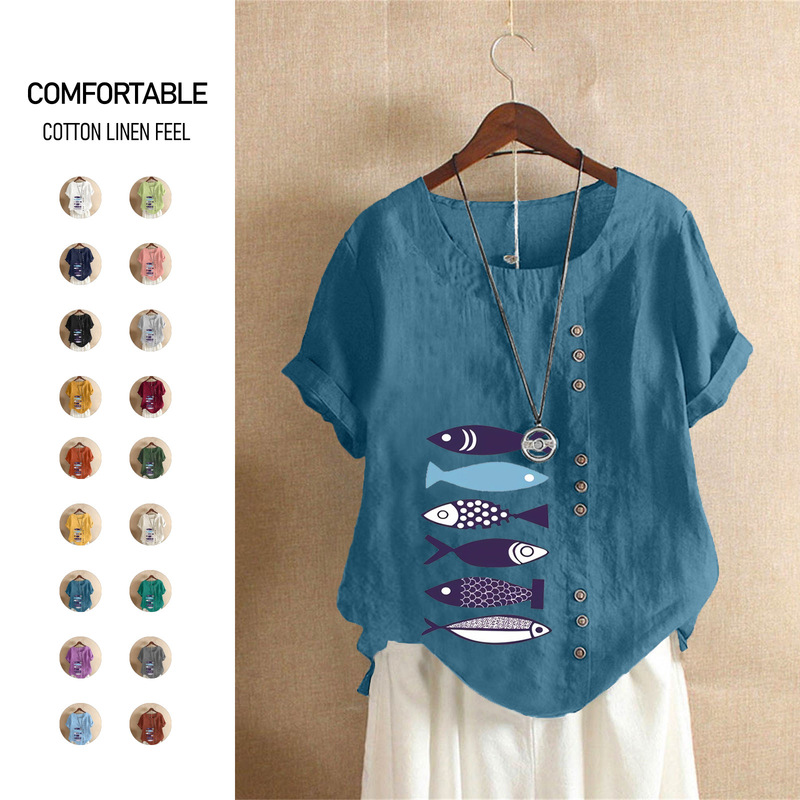 Summer 2025 Vintage plus size Casual Loose Cotton and Linen Short-sleeved Pullover T-shirt Cotton and Linen Women's plus size Women's Clothing Purple Fish Summer 2025 Vintage plus size Casual Loose Cotton and Linen Short-sleeved Pullover T-shirt Cotton and Linen Women's plus size Women's Clothing Purple Fish