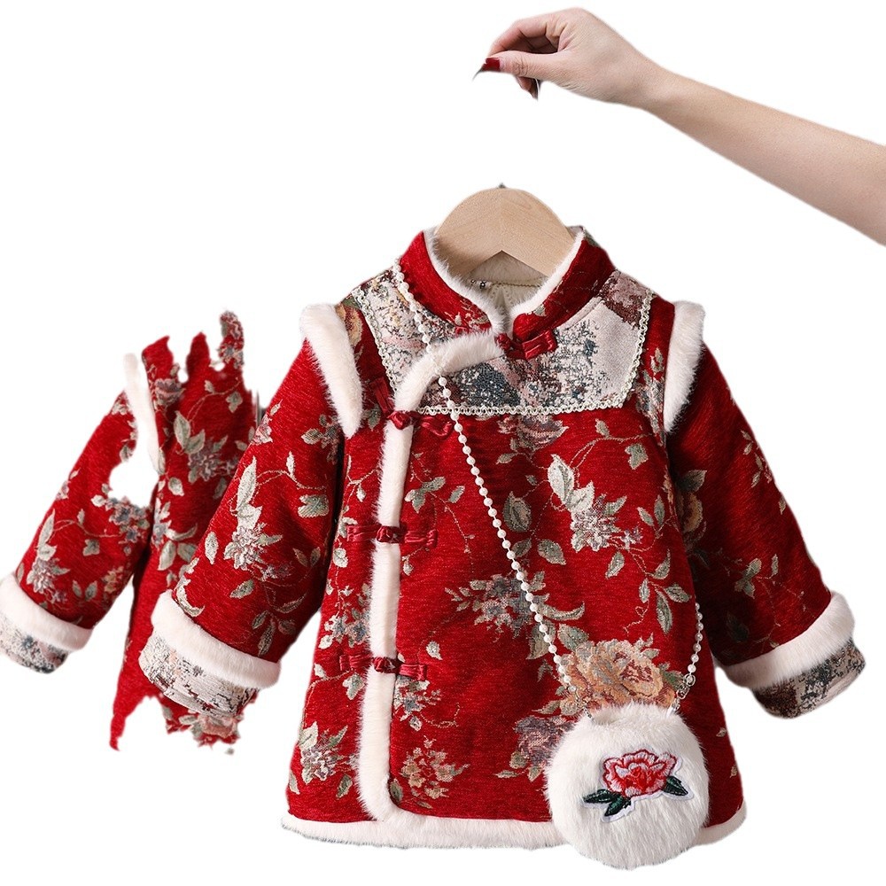 Hanfu Girls Saludos de Año Nuevo Traje Tang de estilo chino para niños Estilo de invierno para niños Falda cheongsam de un año Año Nuevo Ropa de invierno para niñas