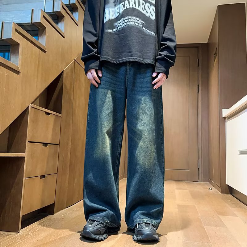 Calle drapeado pantalones vaqueros de pierna ancha Pantalones rectos sueltos de los hombres de la marca de moda lavada americana apenada pantalones largos Casuales