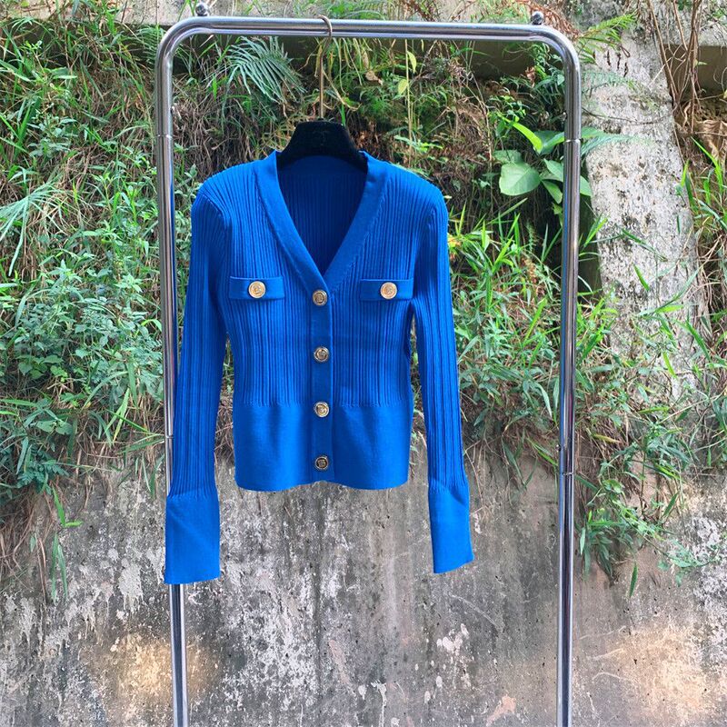 Spring and Summer New Women's Clothing Gold Button Klein Blue Slim Collar Long-Sleeved Versatile Short Knitwear Cardigan