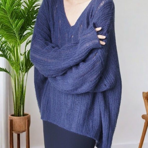 春秋季新款慵懒风针织毛衣女宽松外穿镂空鸡心领休闲显瘦打底衫薄|undefined