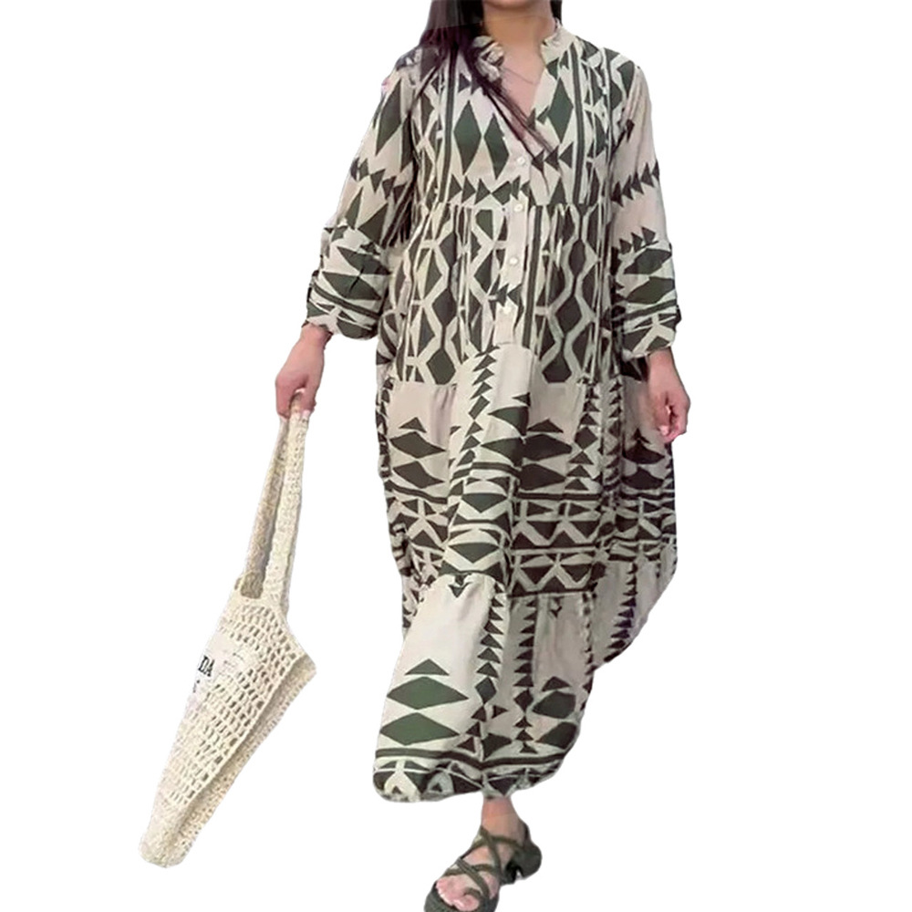 Women's Regular Dress Streetwear V Neck Printing Button Long Sleeve Printing Maxi Long Dress Holiday Daily display picture 11