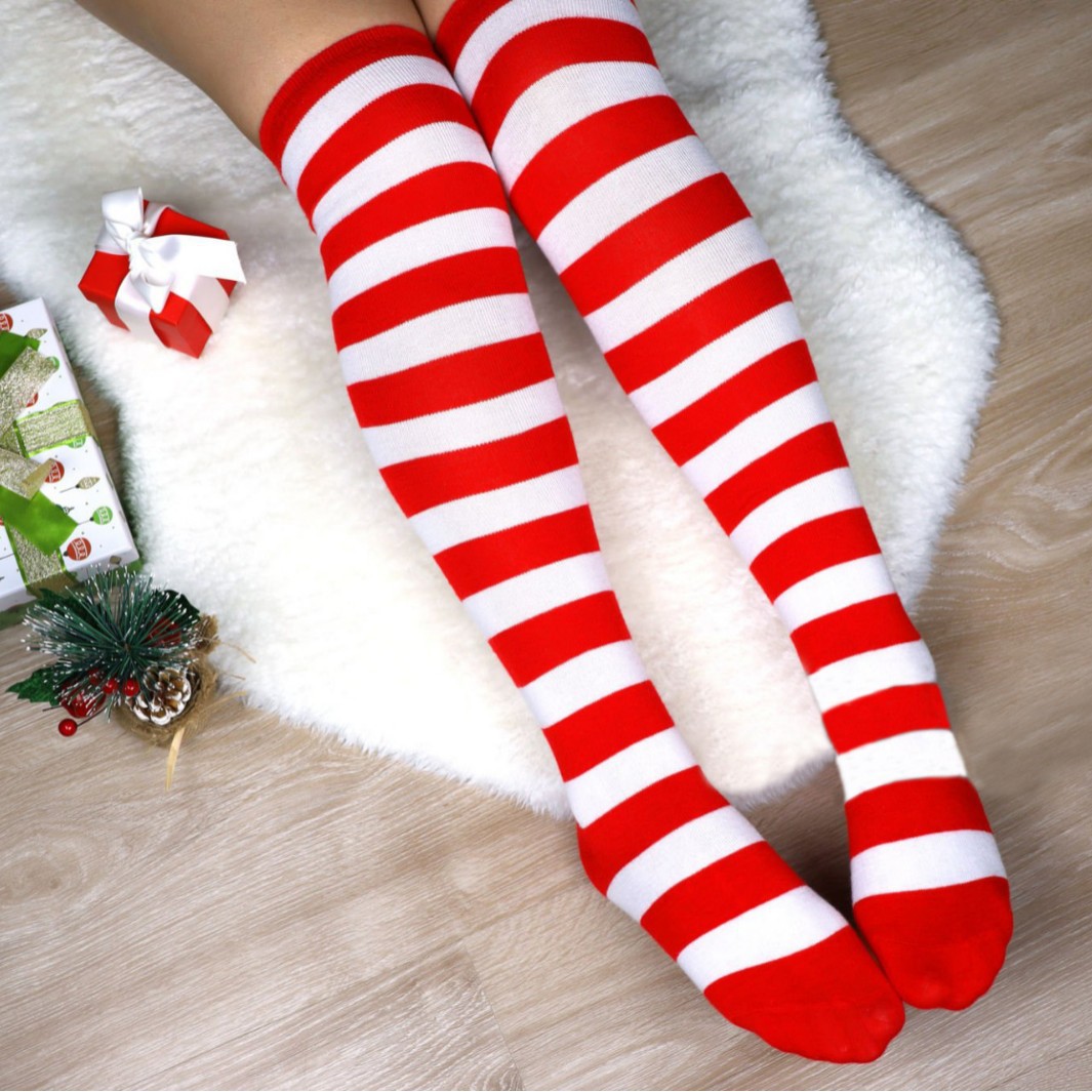 Medias a rayas europeas y americanas transfronterizas medias de rodillas a rayas de Navidad medias de muslo medias Cosplay animadas