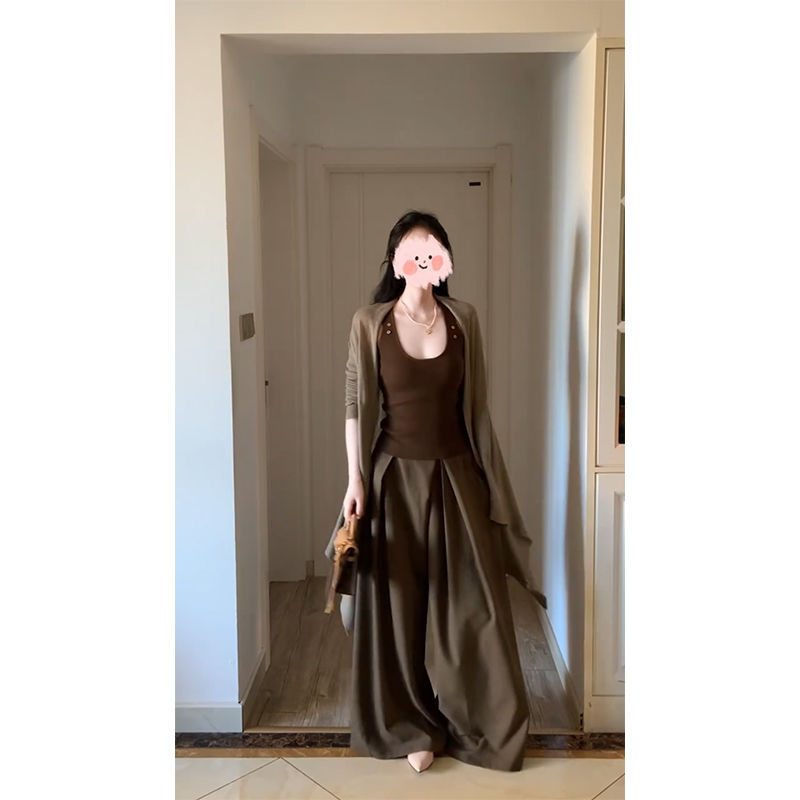 秋季慵懒风无袖吊带背心不规则开衫上衣宽松阔腿休闲裤套装女|undefined