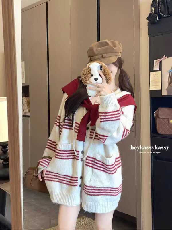慵懒风女装上衣撞色条纹长袖毛衣外套女秋季韩系宽松连帽针织开衫|undefined