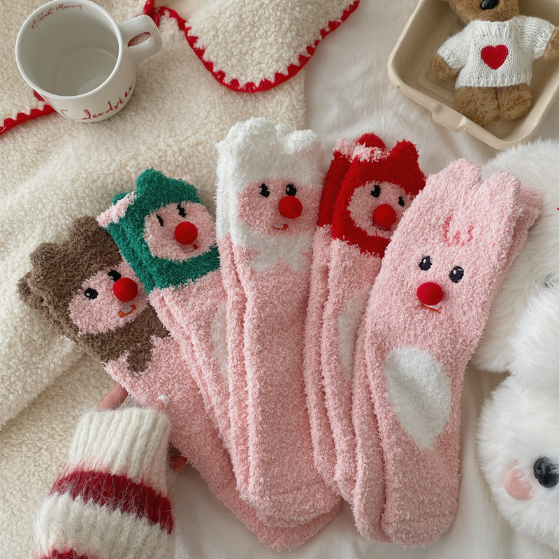 Little Beaver Coral Velvet Socks Women's Winter Warm Thickened Mid-Tube Socks Pink Cartoon Cute Little Fur Ball Floor Socks