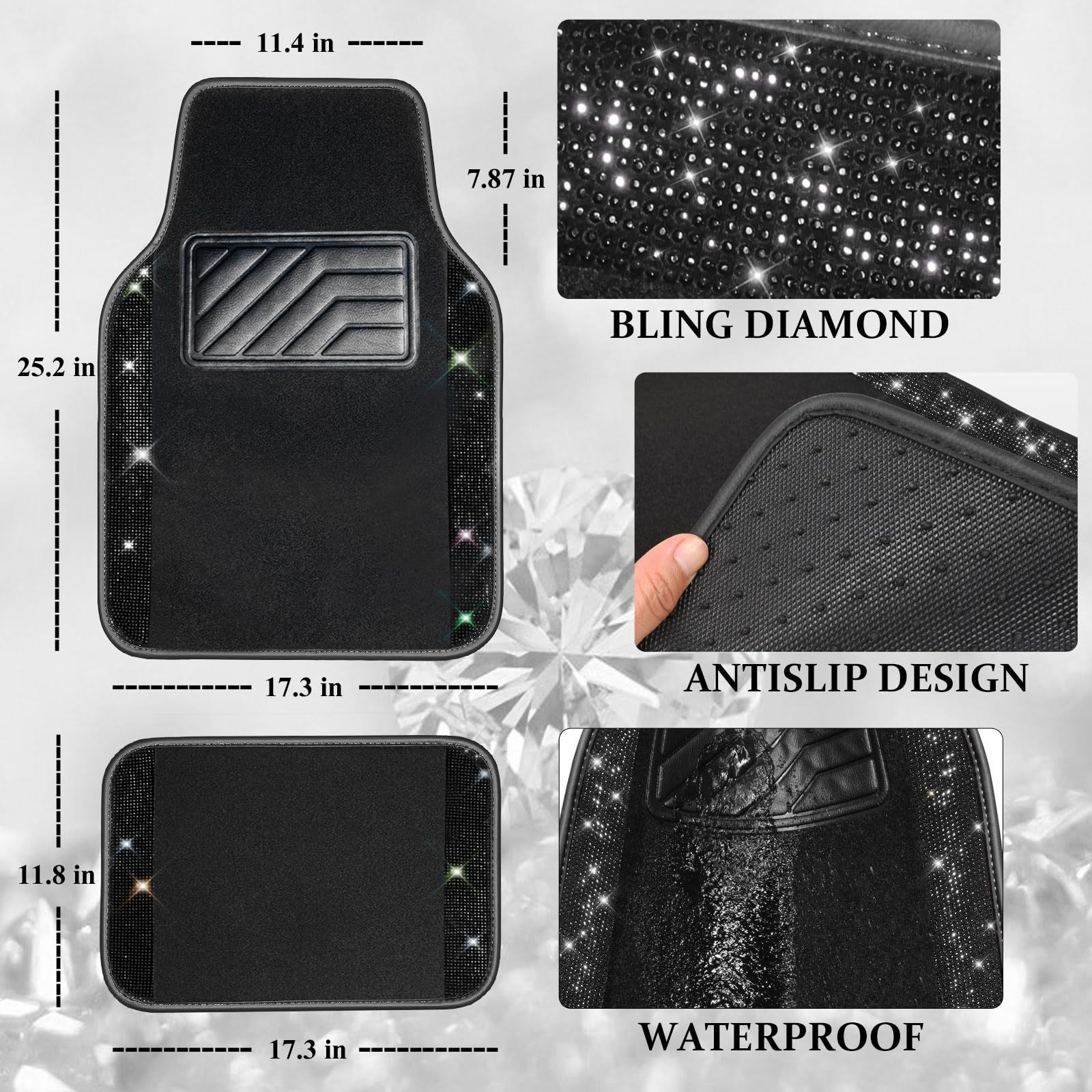 Cross-Border Foreign Trade Crystal-Encrusted Diamond Car Floor Mats, Universal Fashionable Shiny Carpet, Pvc Waterproof and Dirt-Resistant 4-Piece Set