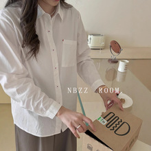 法式文艺通勤全棉小刺绣长袖条纹白色衬衫女春宽松休闲可挽袖衬衣