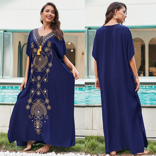 2023 new European and American navy blue artificial cotton embroidered beach blouse robe embroidered vacation sun protection blouse bikini blouse