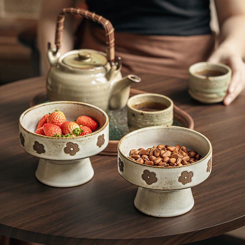 Plato de fruta especialmente hermoso, plato de pie de tosco hecho a mano retro, plato de dim soo para hacer té, plato de fruta, exportación transfronteriza