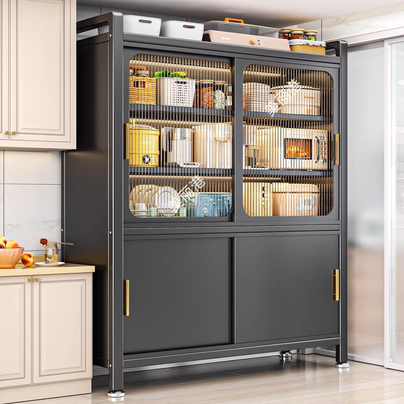 Household Kitchen Storage Rack Sliding Door Storage Cabinet Floor-Standing Multi-Functional Carbon Steel Sideboard Multi-Layer Storage Cabinet Household Kitchen Storage Rack Sliding Door Storage Cabinet Floor-Standing Multi-Functional Carbon Steel Sideboard Multi-Layer Storage Cabinet