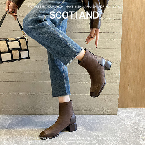 French-style square-toe slim women's autumn and spring fashion temperament splicing fur surface retro thick-heeled soft-soled short boots