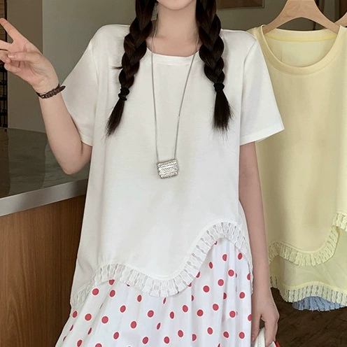 2025 новых летних нарядов для полных женщин больших размеров с волнистыми краями и асимметричными короткими рукавами белого цвета