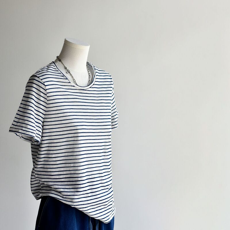 [Striped Navy t] 26 Summer Casual Style Women's Top Cotton Striped Loose Round Neck Cotton Short Sleeve T-Shirt for Women
