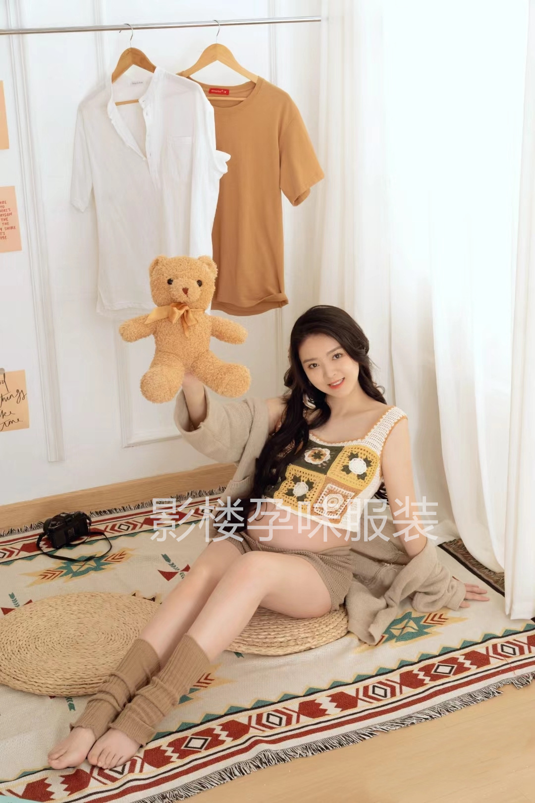 커플 테마 사진 의류 레트로 새로운 스티칭 대비 컬러 스웨터 세트 사진 스튜디오 임신 엄마 모리 사진 의류