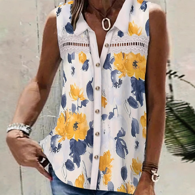 European and American Cross-Border 2025 Summer Amazon Printed Cut Out Sleeveless Lapel Button Shirt T-Shirt Tops for Women
