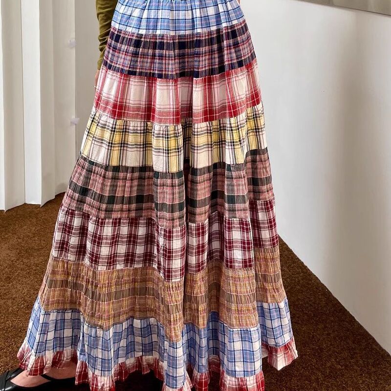 Plaid Stitching Skirt Women's 2025 Spring New Design Retro Niche High Waist A- shaped Large Swing Long Umbrella Skirt Plaid Stitching Skirt Women's 2025 Spring New Design Retro Niche High Waist A- shaped Large Swing Long Umbrella Skirt