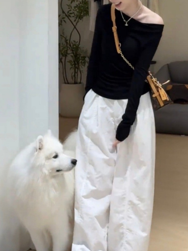 韩系气质露背一字肩上衣女秋季穿搭设计感小众辣妹风黑色长袖T恤|undefined