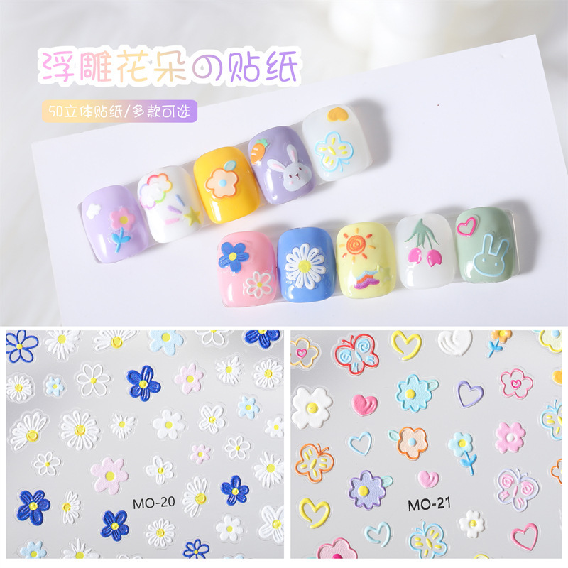 New 5D graffiti flower relief nail stickers thin transparent three-dimensional nail stickers fresh rabbit nail decals