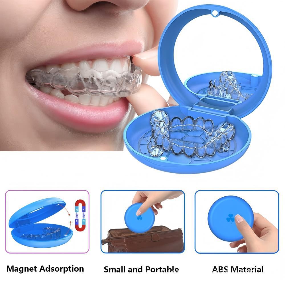 Estuche magnético portátil para guardar dentaduras postizas con espejo, retenedor de ortodoncia, estuche dental de plástico portátil para aparatos invisibles.