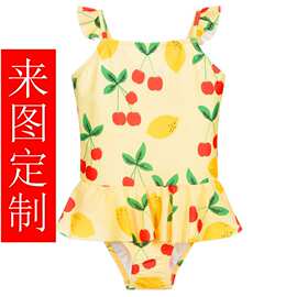 儿童女童氨纶锦纶色牢度樱桃柠檬黄底水果印花泳衣来图定制工厂