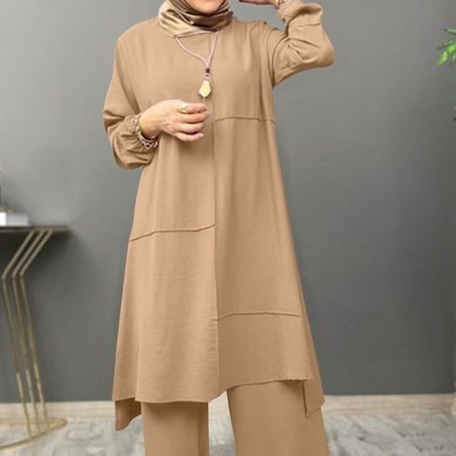 Muslim Women's Urban Sportswear Two-Piece Set Elegant Bubbling Sleeve Shirt Loose Fashion Wide Leg Pants Set