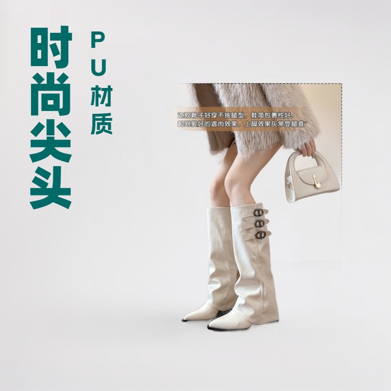 法式尖头内增高骑士靴皮带长筒靴坡跟裤管秋冬腿超高跟过膝时装靴