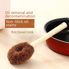 Factory Natural Coconut Fiber Pot Scrubber Long Handle Non-stick Kitchen Wood Brush Pot Cleaning Scrubber Magic Long-handled Pot Scrubber