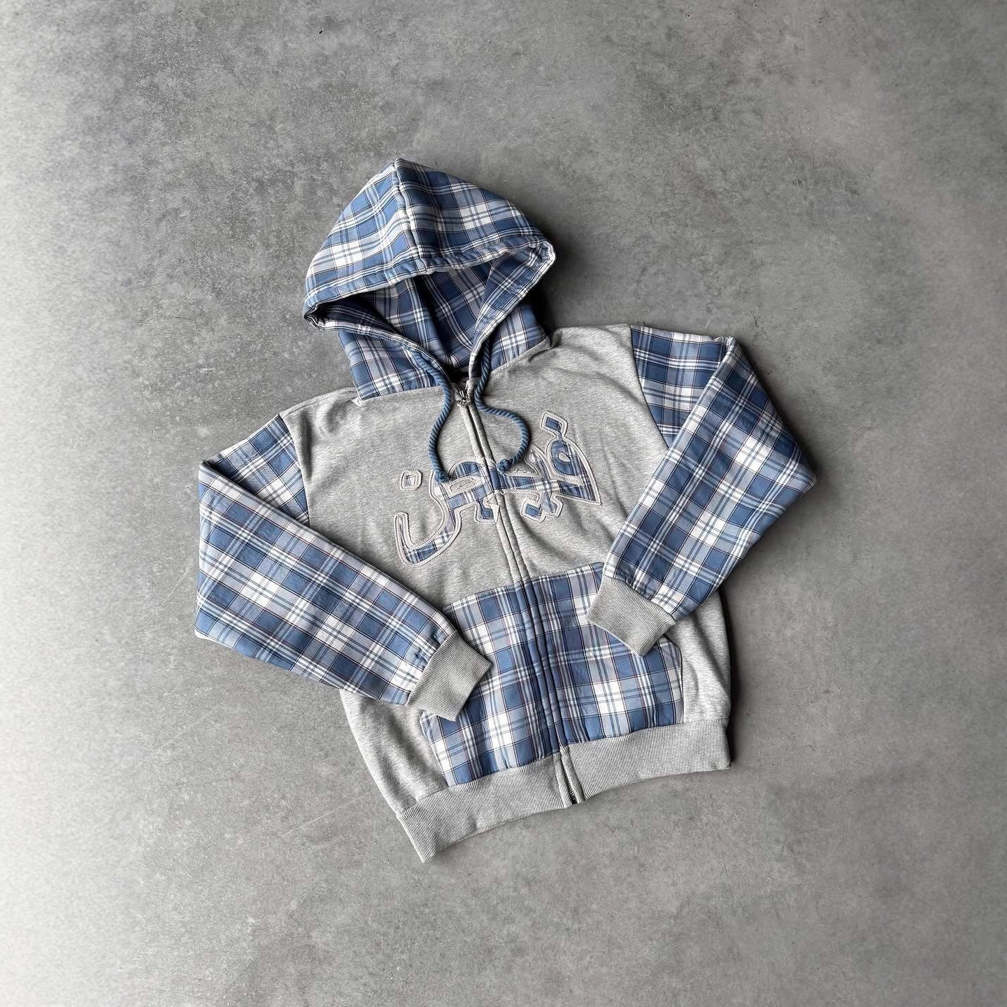 Unisex Zip Sweater Plaid Patchwork Hooded Grey Blue