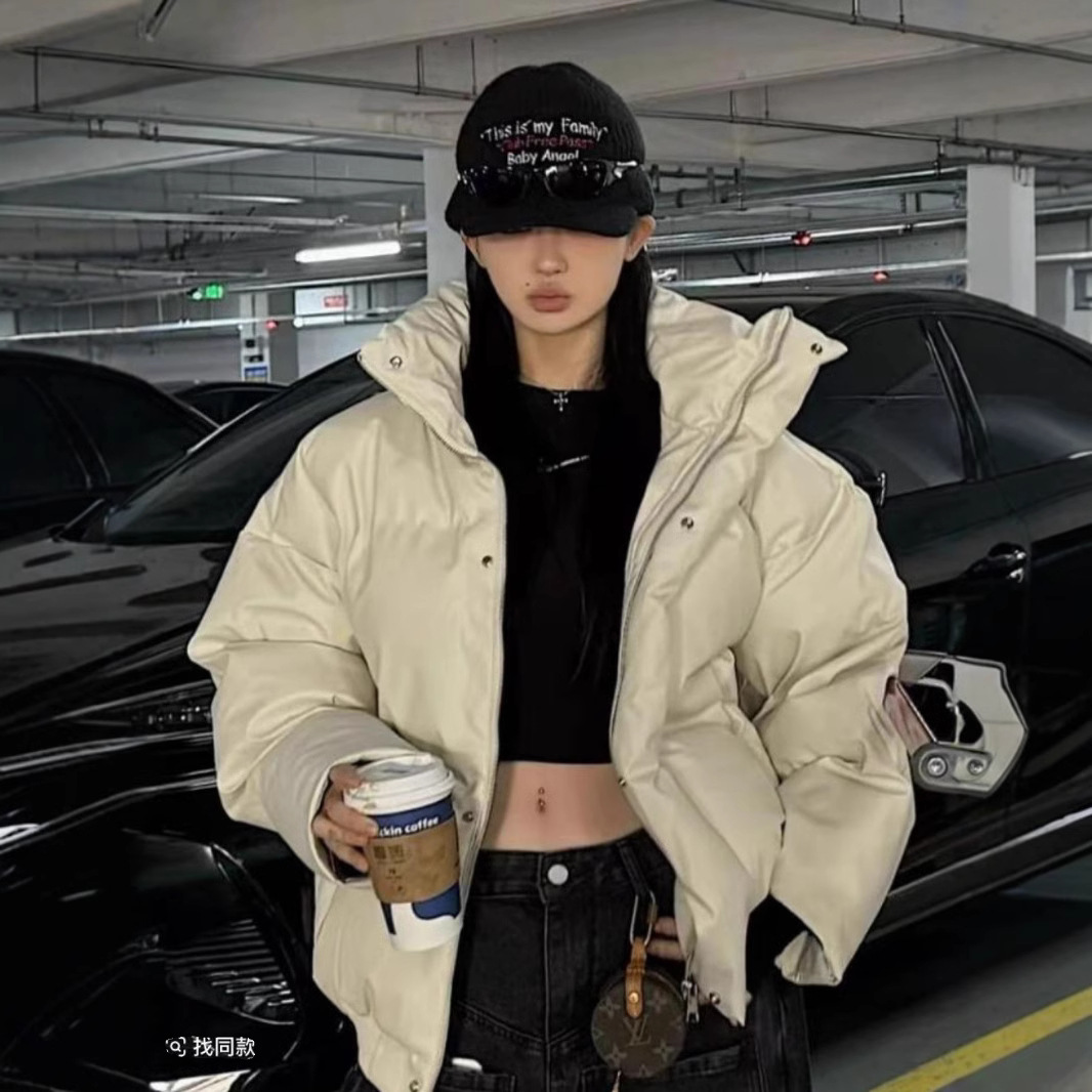 [LI CHEN NIC 같은 스타일] 스탠드 칼라 짧은 PU 코튼 패딩 재킷 느슨한 패션 캐주얼 조커 커플 트렌드 따뜻한