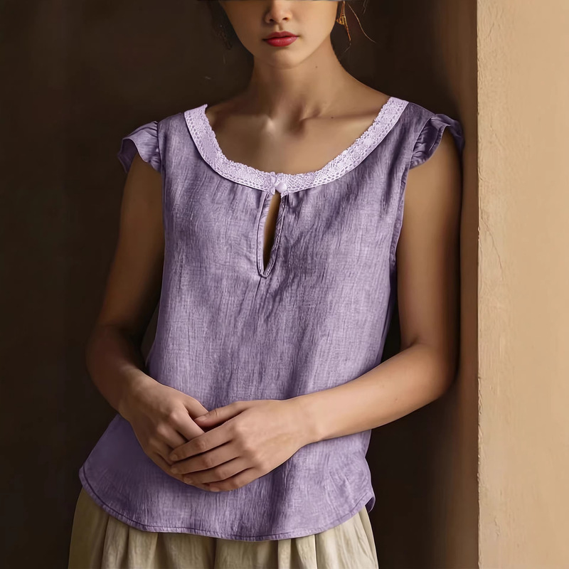 Women's Elegant Retro Solid Color Short-Sleeve Top, Lace Splicing Round Neck Design Shirt, Summer Vacation Cross-Border