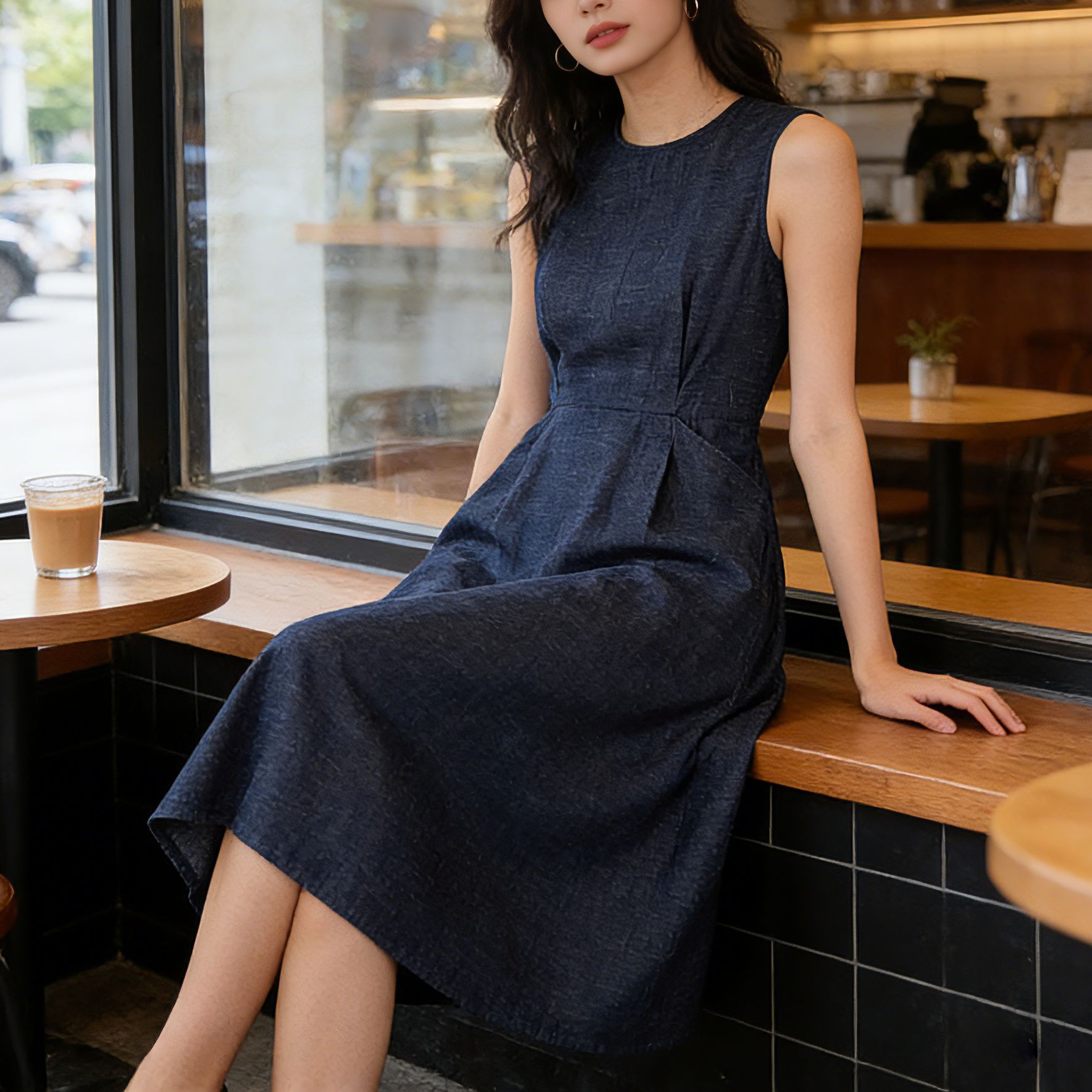 Đầm denim nữ không tay cổ tròn thắt eo dáng midi — Xanh da trờicolor chi tiết 2